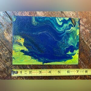 TieDye Blue & Green Abstract Acrylic Paint Pour Artwork Original 4x6